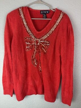 Le Chois Sweater Womens Medium Red Sequin Bow Silk Blend Angora Holiday Pullover